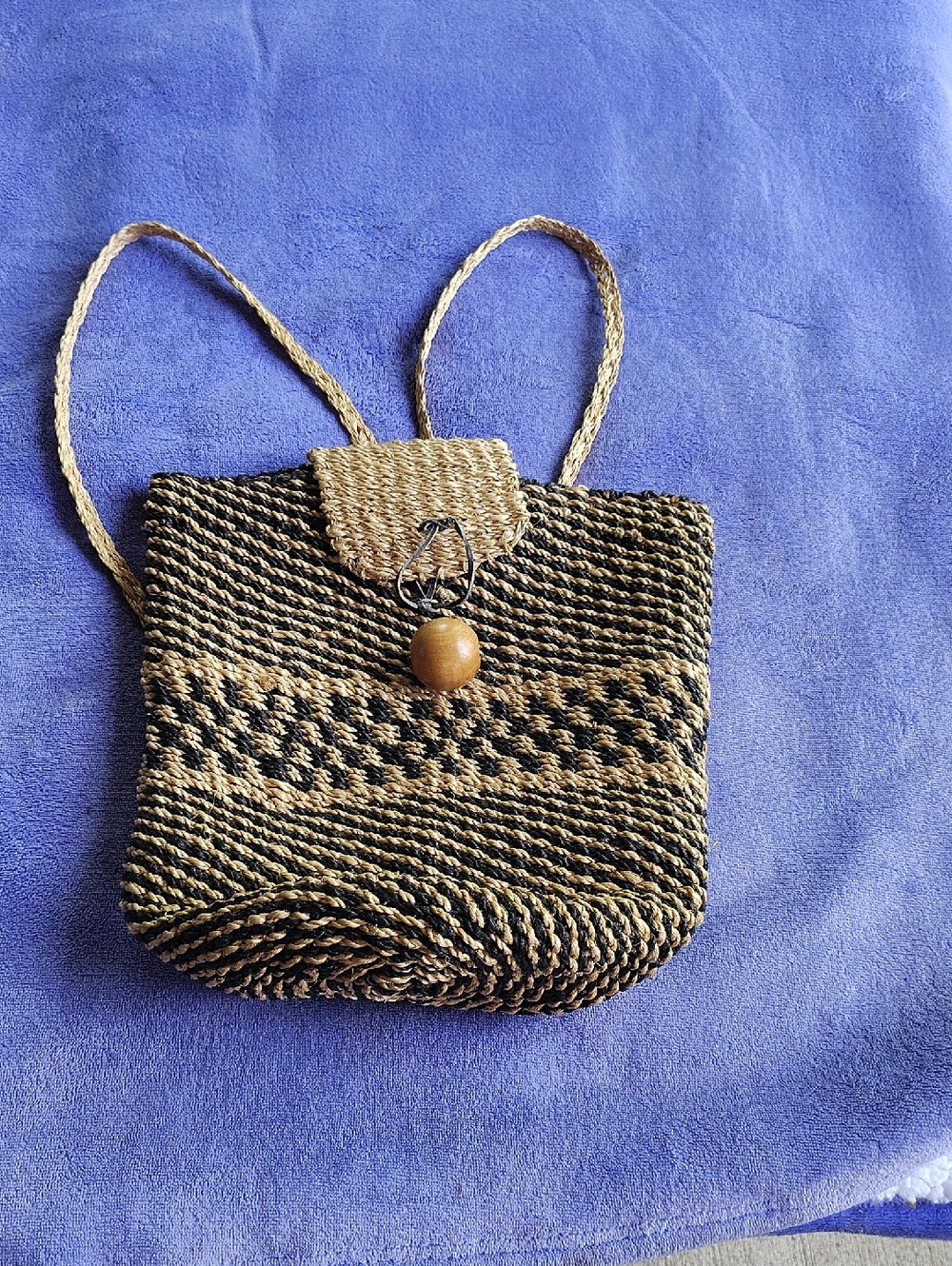 Woven Straw Tote Bag in Natural Brown and Black